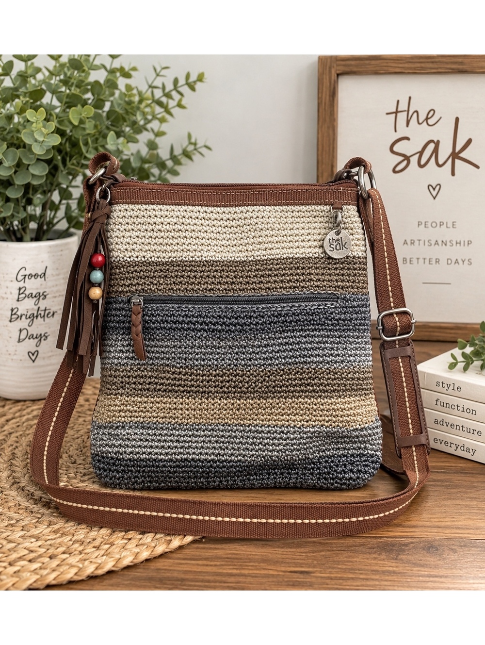 The Sak Crochet Crossbody Bag Brown Gray Stripe Tassel Boho Shoulder Purse